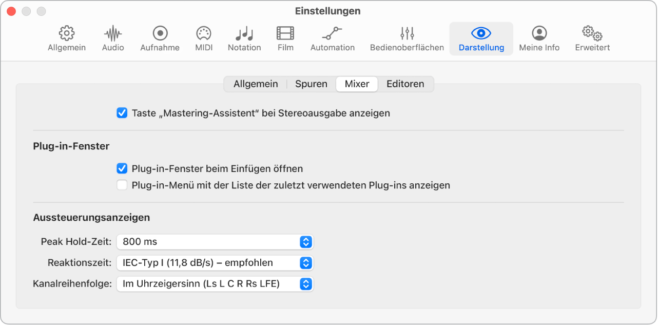 Abbildung. Anzeigeeinstellungen für Mixer