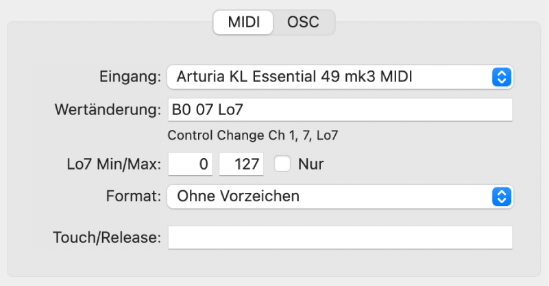 Abbildung. Parameter des MIDI-Input-Befehls in der Ansicht „Erweitert“