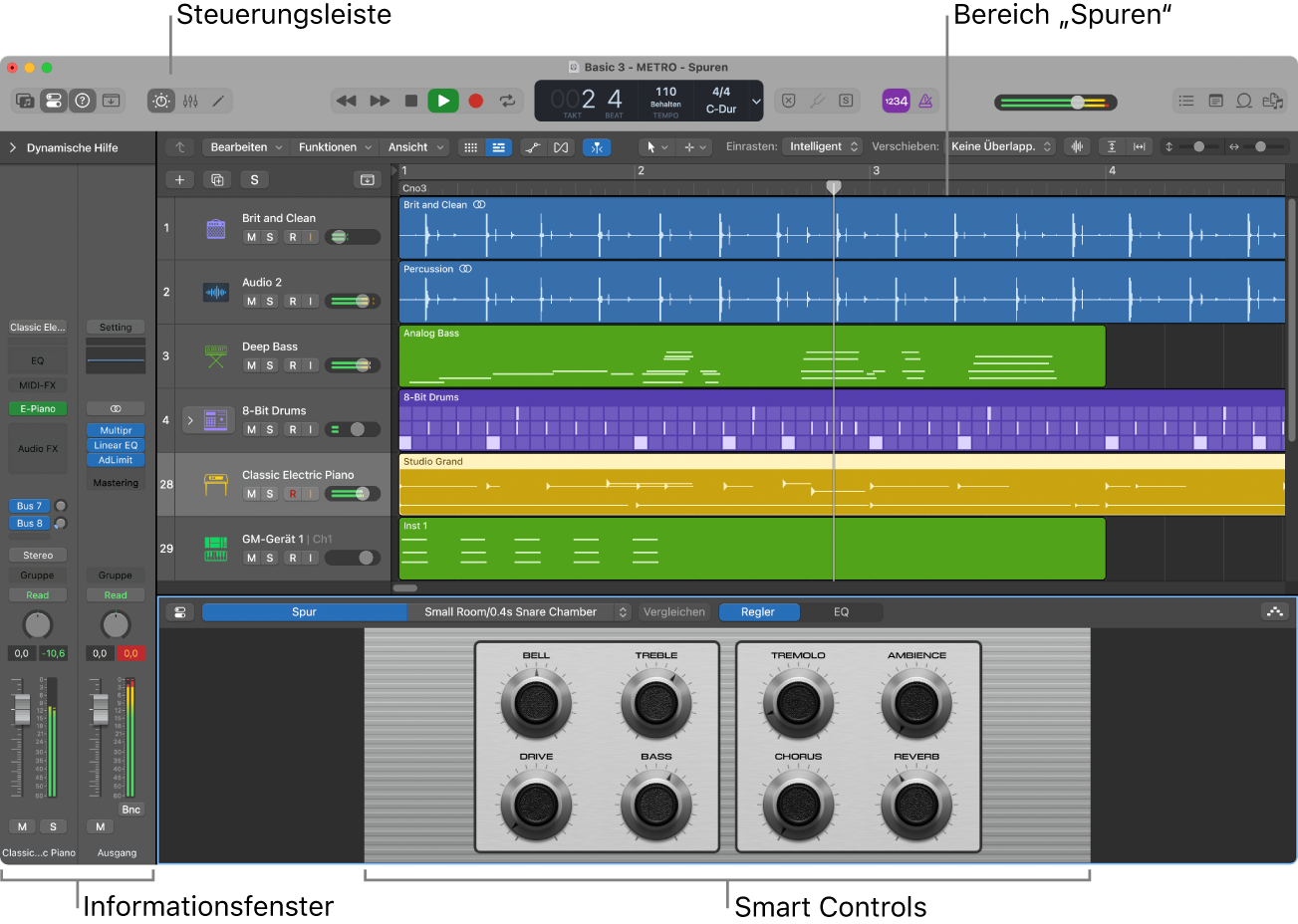 Abbildung. Hauptfenster von Logic Pro mit den wichtigsten Arbeitsbereichen