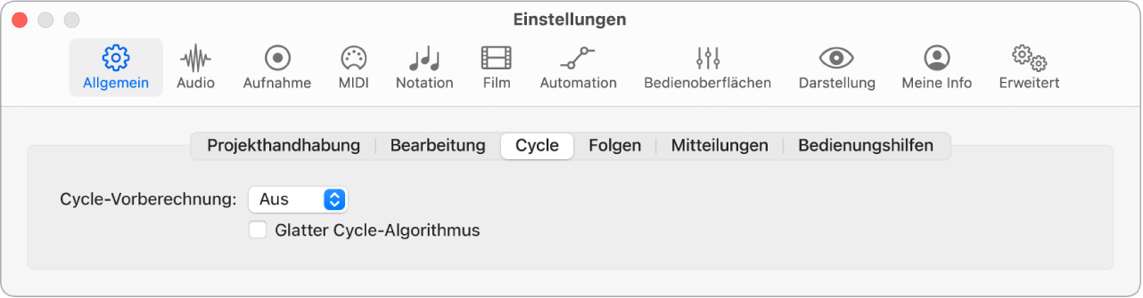 Abbildung. Einstellungsbereich „Allgemein“ > „Cycle“.