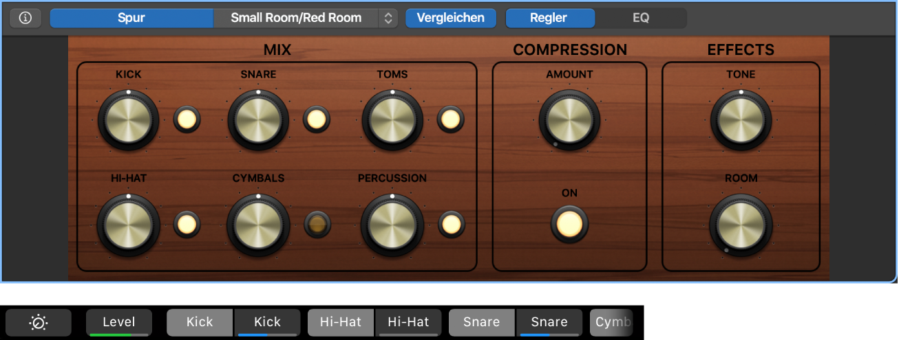 Abbildung. Smart Controls und dynamische Bildschitmkurzbefehe für Smart Controls für eine Software-Instrument-Spur mit einer Drummer-Region. Smart Conrols und dynamische Bildschirmkurzbefehle für Smart Controls.