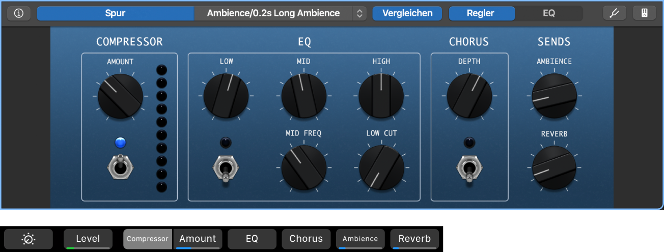Abbildung. Smart Controls für Spur mit akustischer Gitarre und dynamische Bildschirmkurzbefehle für Smart Controls.