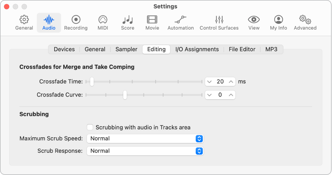 Figure. Audio Editing settings.