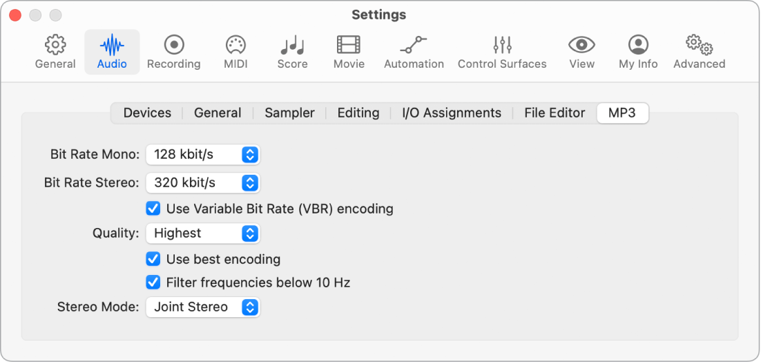 Figure. MP3 settings.