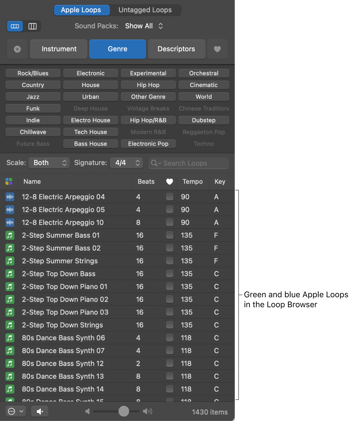 Loop Browser showing MIDI (green) and audio (blue) Apple Loops.