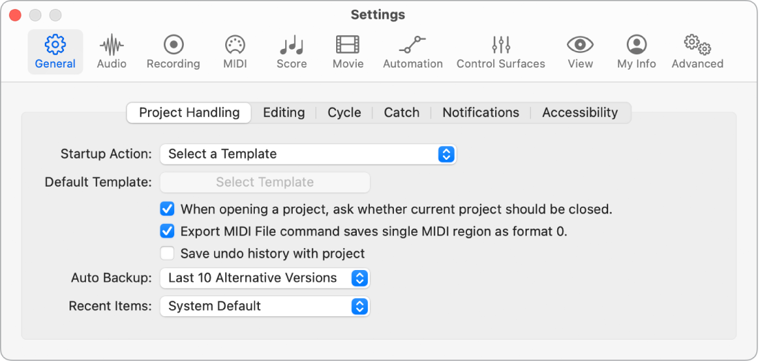Figure. General Project Handling settings.