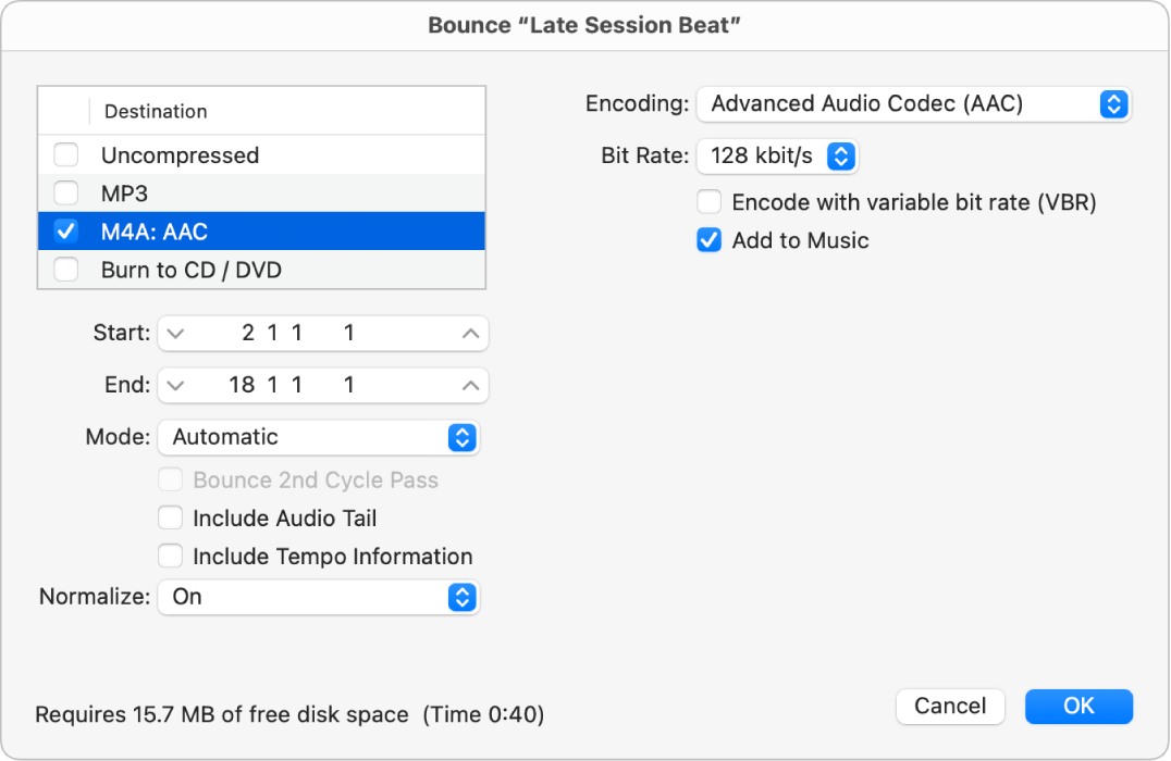 Figure. M4A AAC file options in the Bounce dialog.