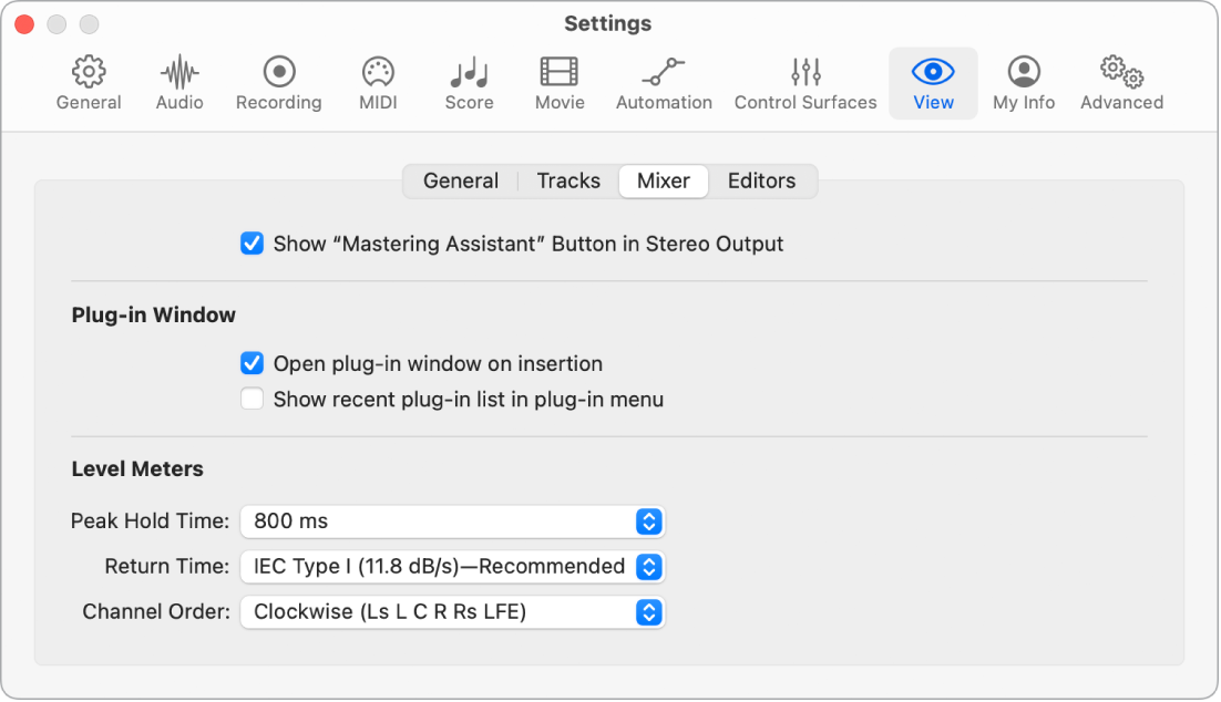 Figure. Mixer View settings.