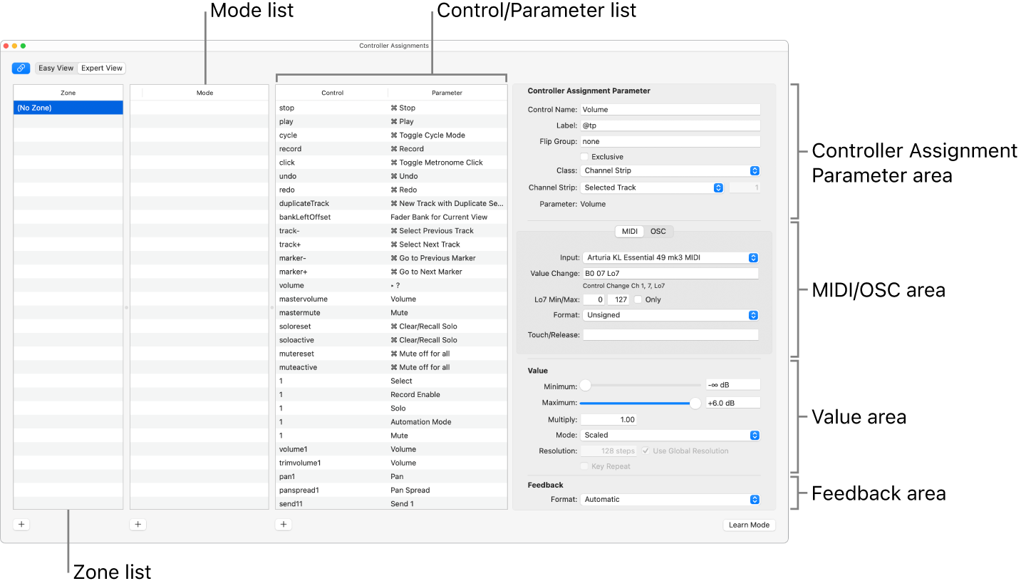 Figure. Controller Assignments window in expert view mode.