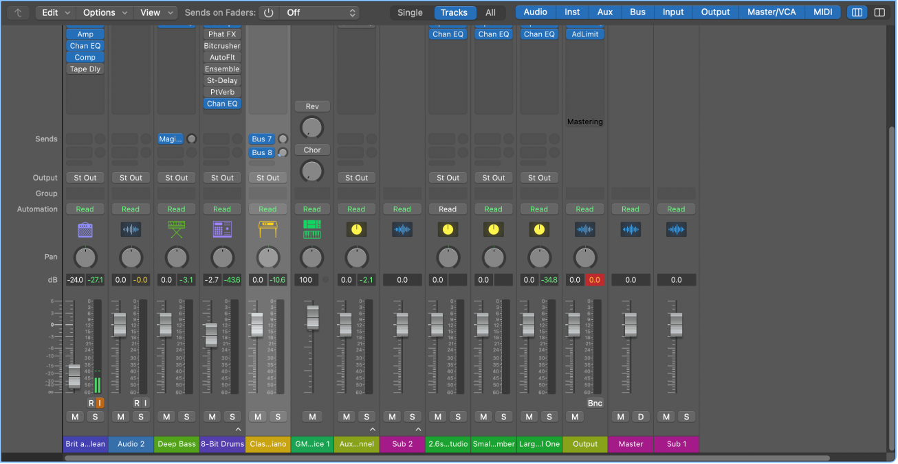 Figure. The Mixer, showing audio, software instrument, auxiliary, and master channel strips.
