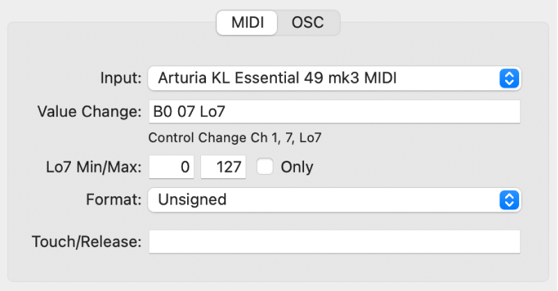 Figure. MIDI input message parameters in expert view mode.