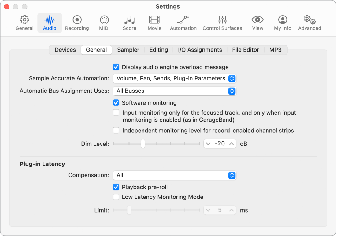 Figure. General Audio settings.