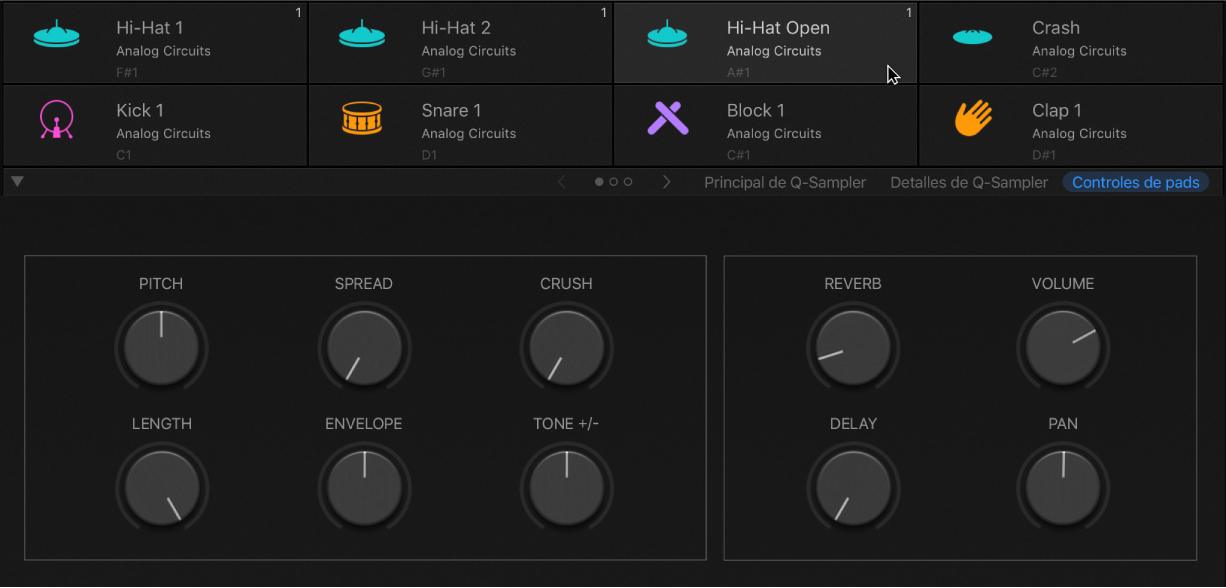 Ilustración. Drum Machine Designer con un pad de percusión seleccionado, donde se muestran los parámetros de Smart Controls para piezas del kit.