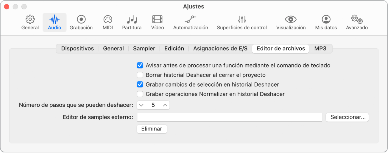 Ilustración. Ajustes del editor de archivos de audio.