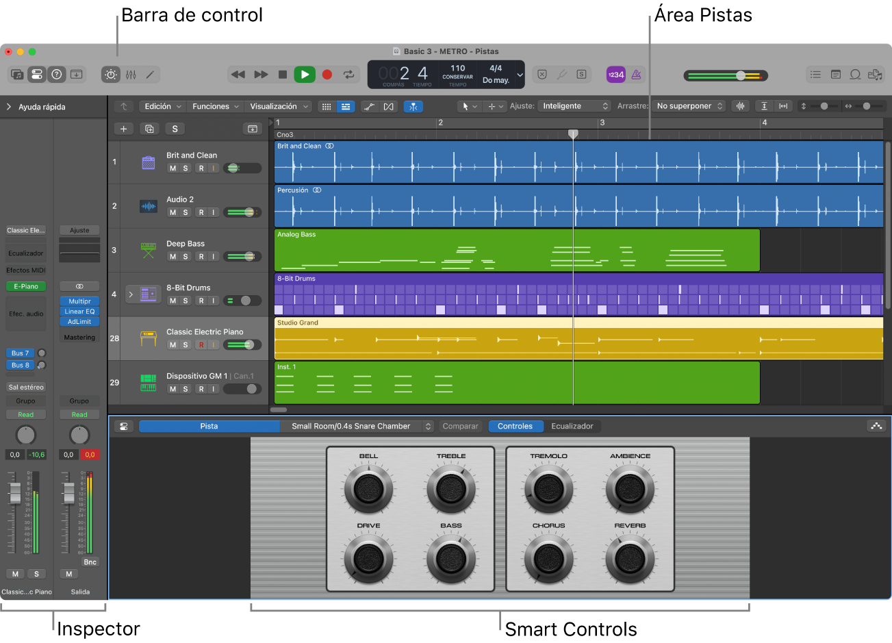 Ilustración. Ventana principal de Logic Pro con las áreas de trabajo principales.