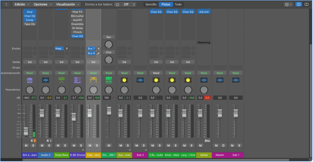 Ilustración. Mezclador con canales de audio, de instrumentos de software, auxiliares y maestro.