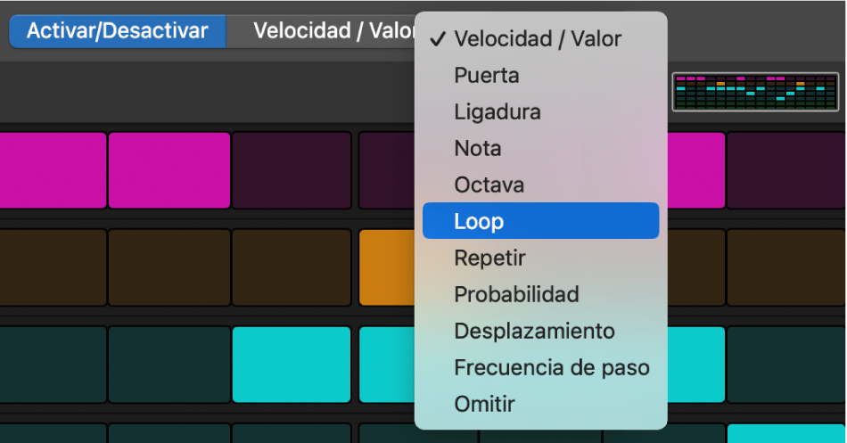 Selector de modo de edición del secuenciador de pasos, que muestra los diferentes modos de edición.