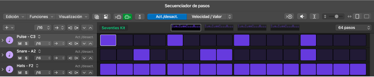 Ilustración. Ventana del secuenciador de pasos, que muestra nombres de etiquetas de tecla.