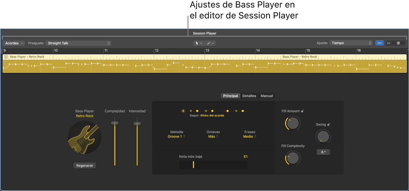 Ilustración. El editor de Session Player con ajustes de Bass Player.