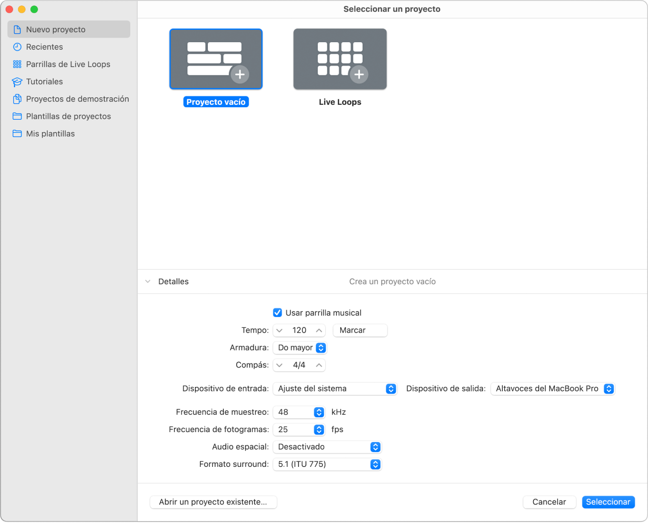 Ilustración. Detalles de la mitad inferior del selector de proyectos, para ajustar las propiedades del proyecto.