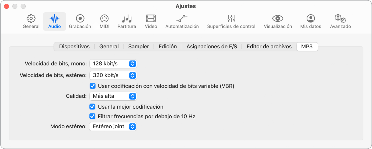 Ilustración. Ajustes de MP3.