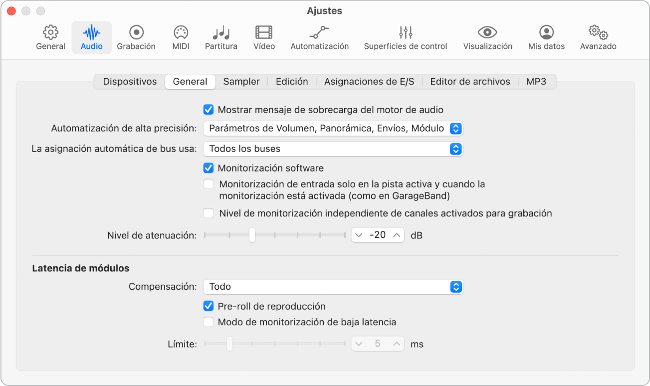 Ilustración. Ajustes generales de audio.