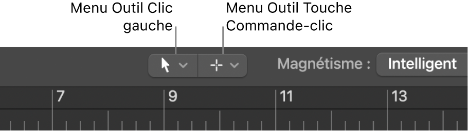 Figure. Menus « Outil Clic gauche » et « Outil Touche Commande-clic » dans la zone Arrangement.