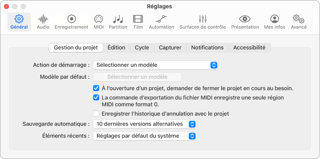 Figure. Réglages généraux de gestion de projet.