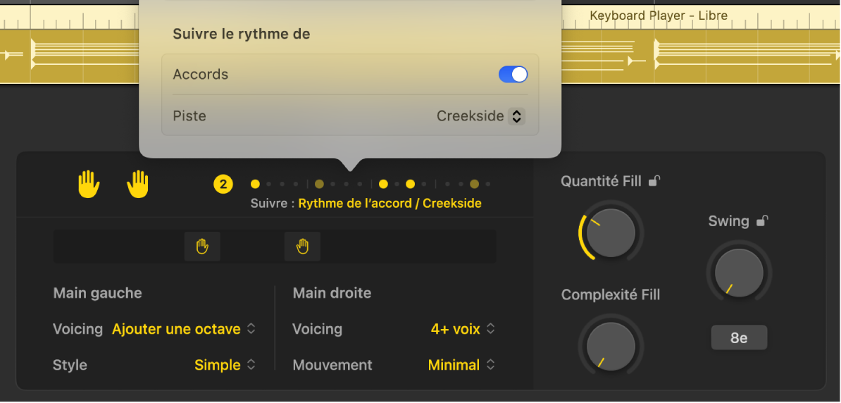 Figure. Section « Suivre le rythme de » du menu Motifs dans l’éditeur de Session Player.