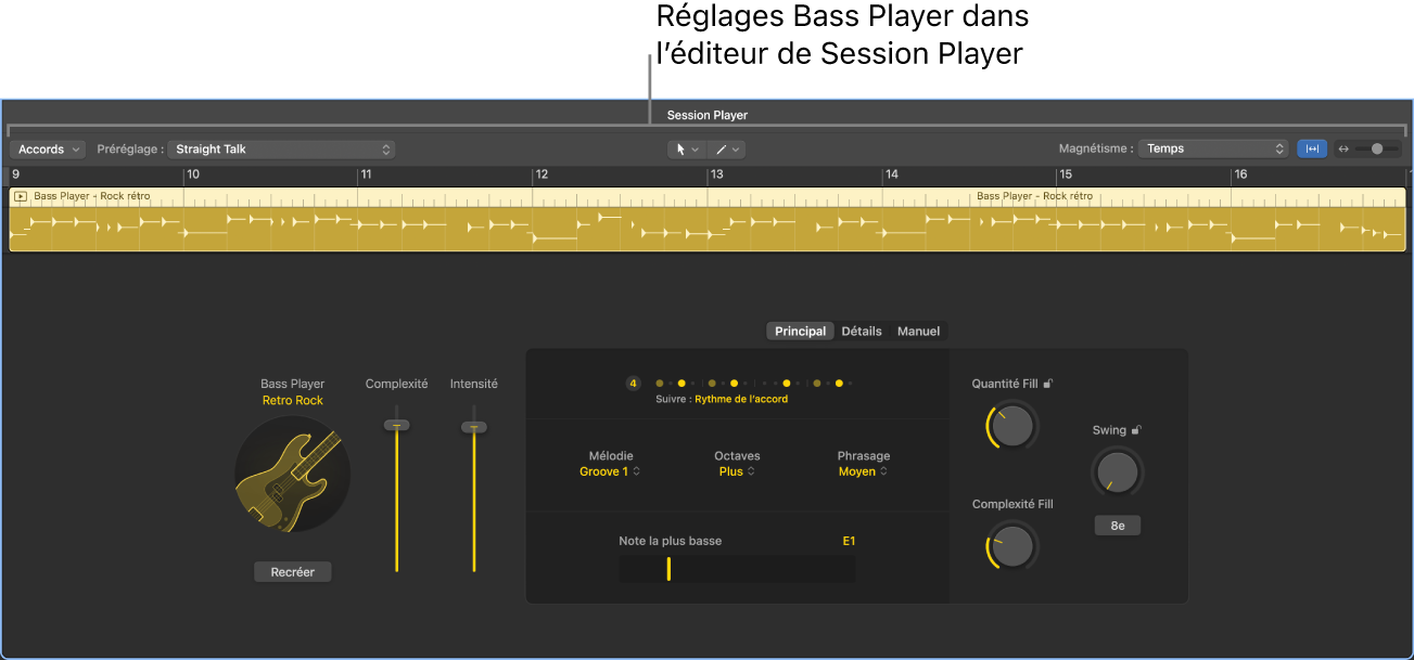 Figure. Éditeur de Session Player avec réglages Bass Player.