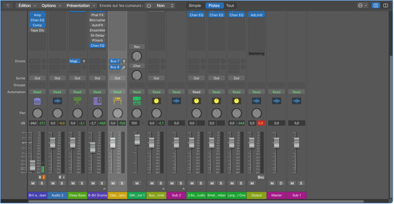Figure. Table de mixage affichant les tranches de console audio, d’instrument logiciel, auxiliaire et principale.