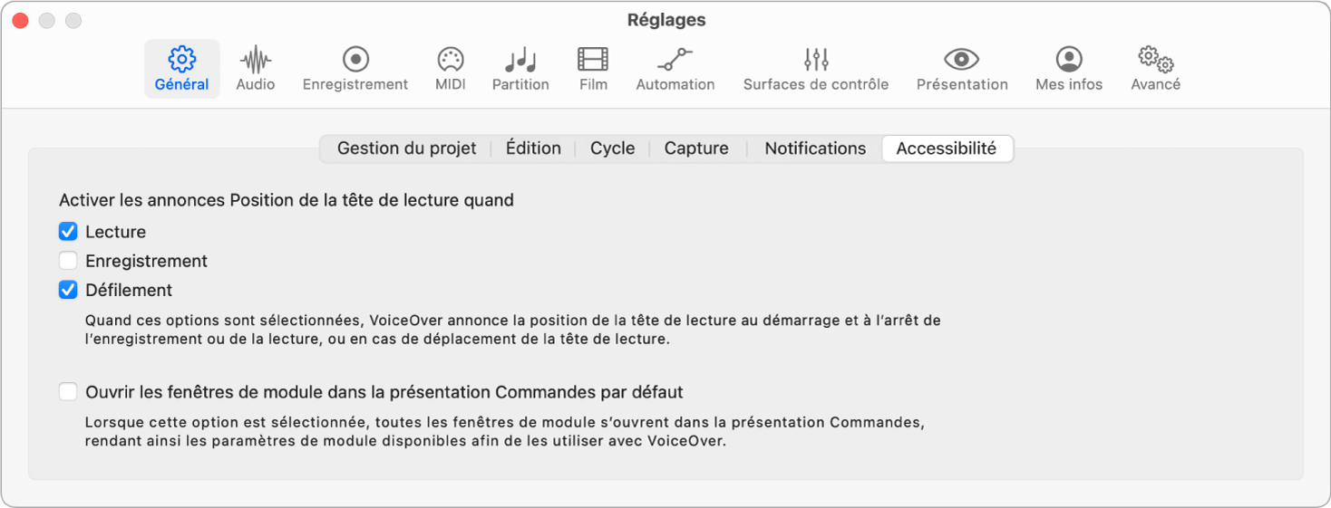 Figure. Réglages d’accessibilité.