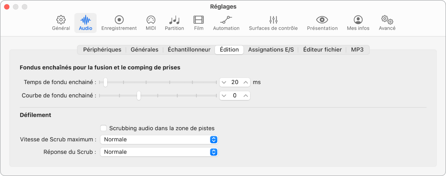 Figure. Réglages d’édition audio.