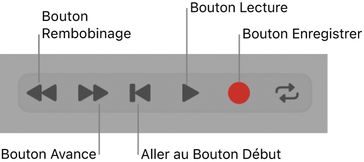 Figure. Boutons de transport de base : Rembobinage, Avance, Aller au début, Arrêt, Lecture et Enregistrer.