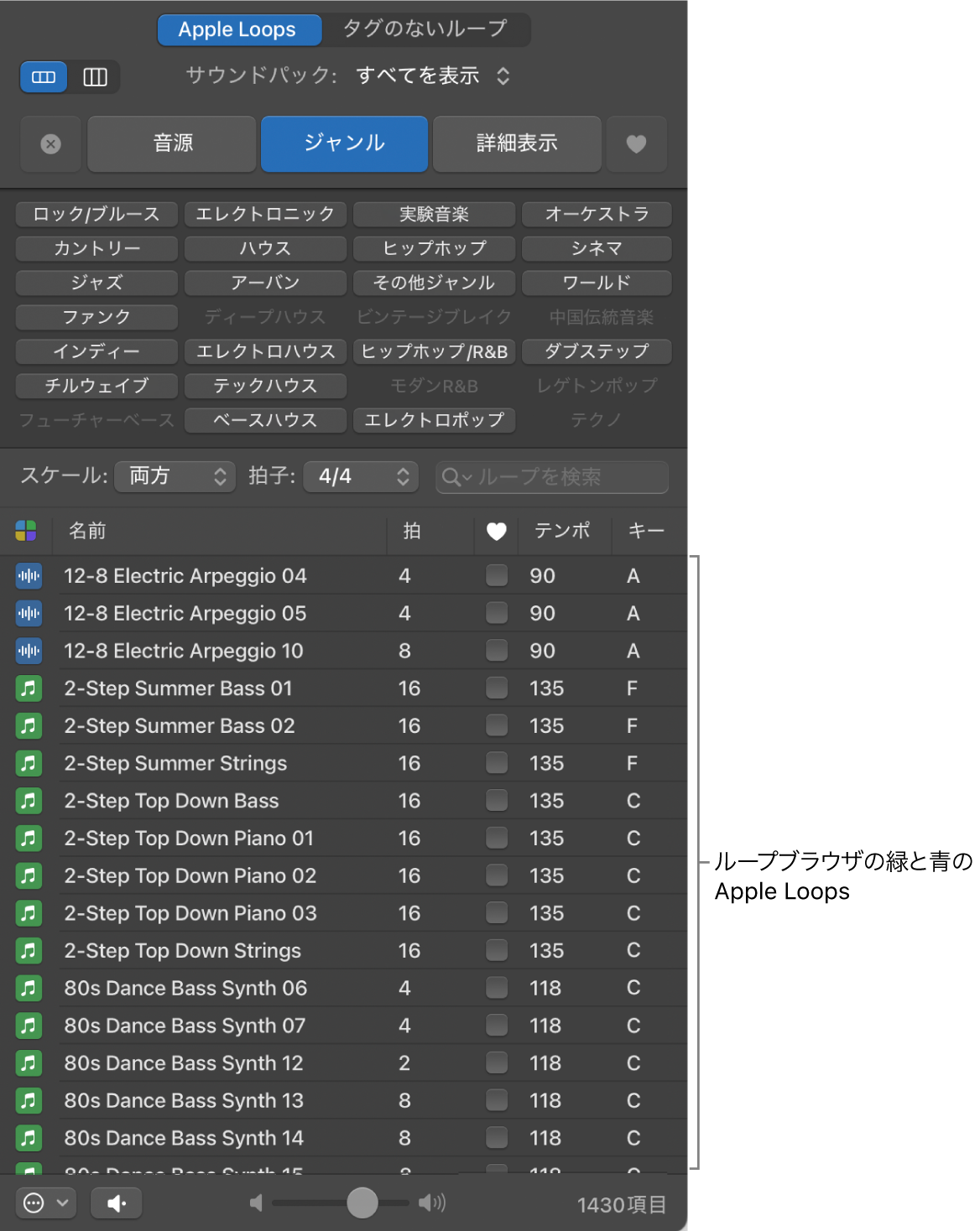 MIDI(緑)とオーディオ(青)のApple Loopsが表示されたループブラウザ。