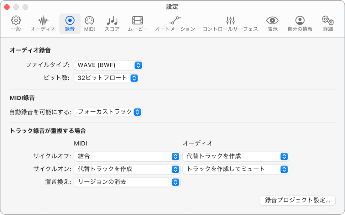 図。「録音」設定。