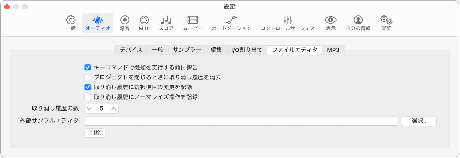 図。「オーディオファイルエディタ」設定。