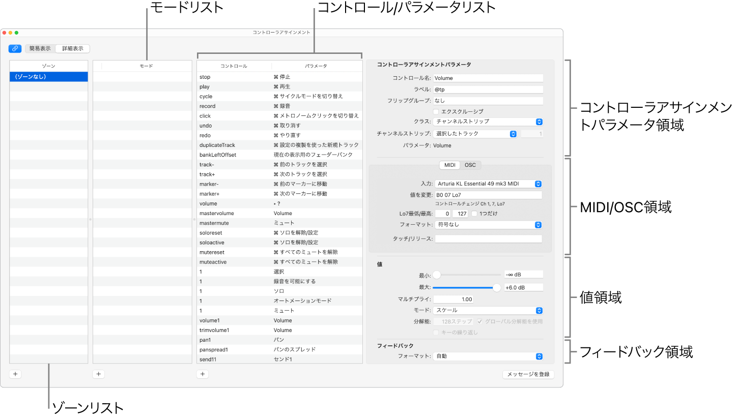 図。詳細表示モードの「コントローラアサインメント」ウインドウ。