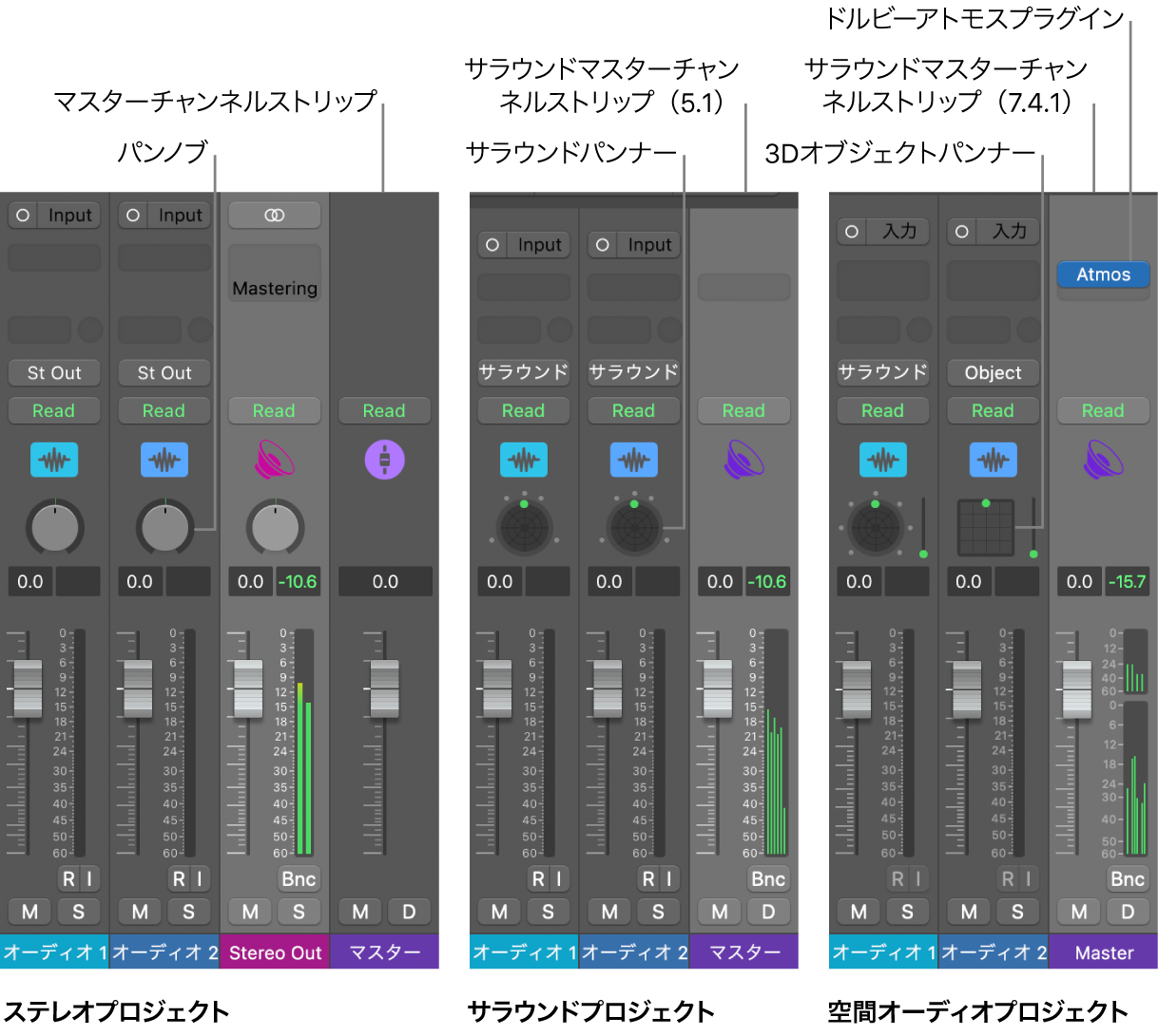 図。さまざまなオーディオ出力フォーマットのプロジェクト。