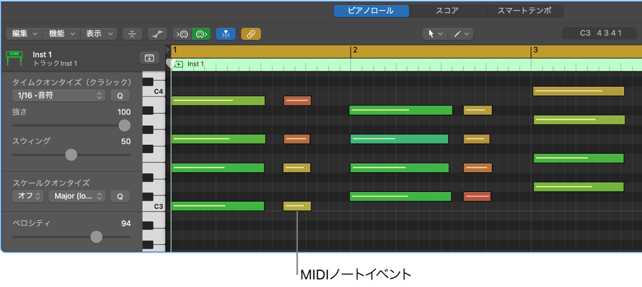 図。ピアノロールエディタ。MIDIノートイベントを指しています。