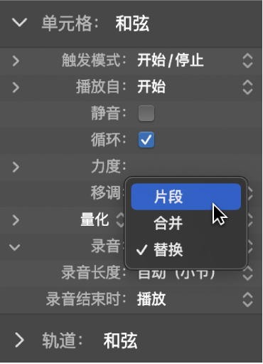 图。单元格检查器中的“录音”弹出式菜单，显示“录音”模式。