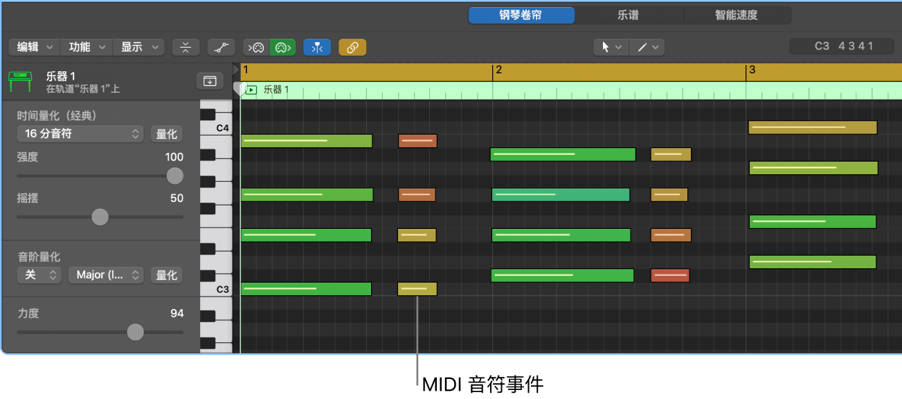 图。钢琴卷帘编辑器,指出 MIDI 音符事件。