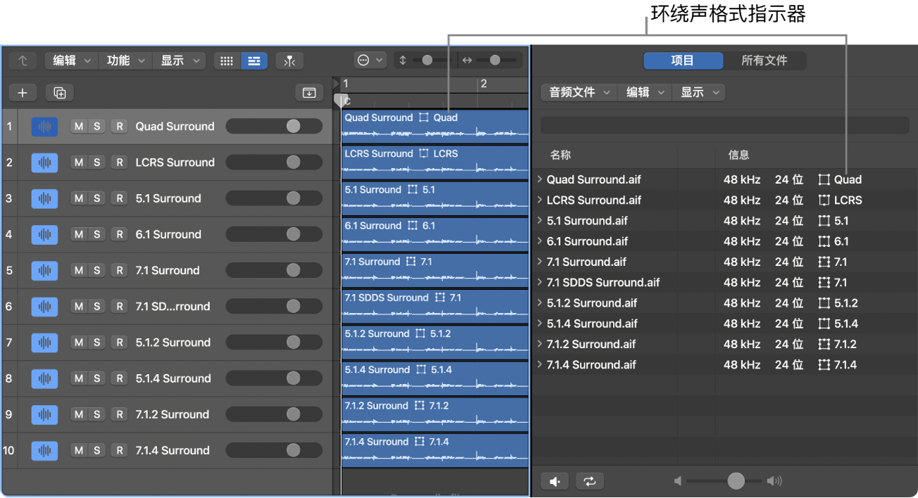 图。在左侧,轨道区域显示的轨道主道包含片段标头中的环绕声格式指示器。在右侧,项目音频浏览器显示环绕声音频文件列表以及信息栏中的对应环绕声格式指示器。