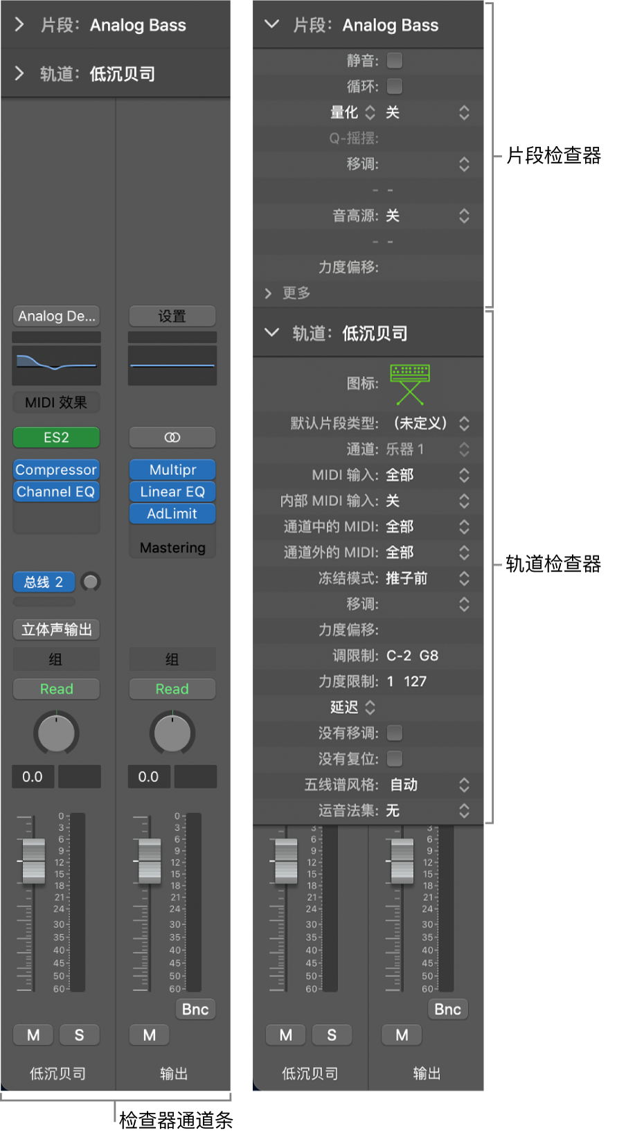 图。检查器,显示片段检查器、轨道检查器和检查器通道条。