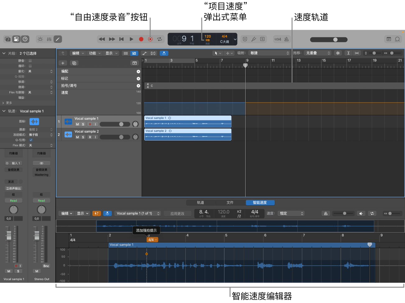 图。项目显示录音,选取的“调整”模式,速度轨道中的速度更改,以及打开的智能速度编辑器。