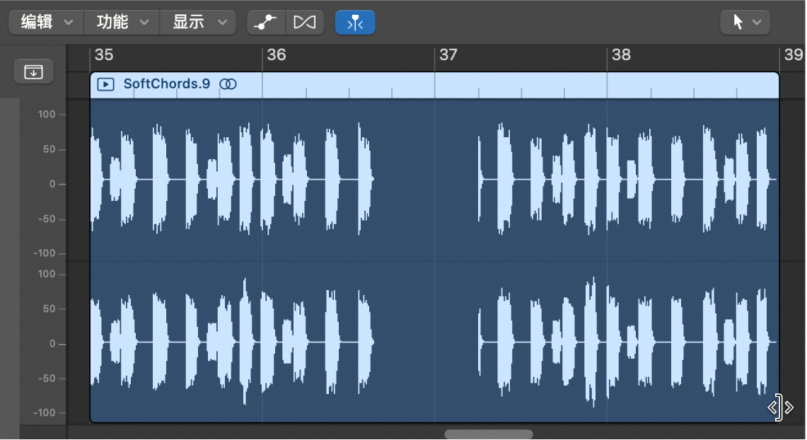 图。音频轨道编辑器中音频片段右下边缘上方的修剪指针。