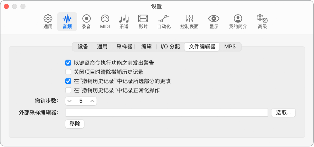 图。“音频文件编辑器”设置。