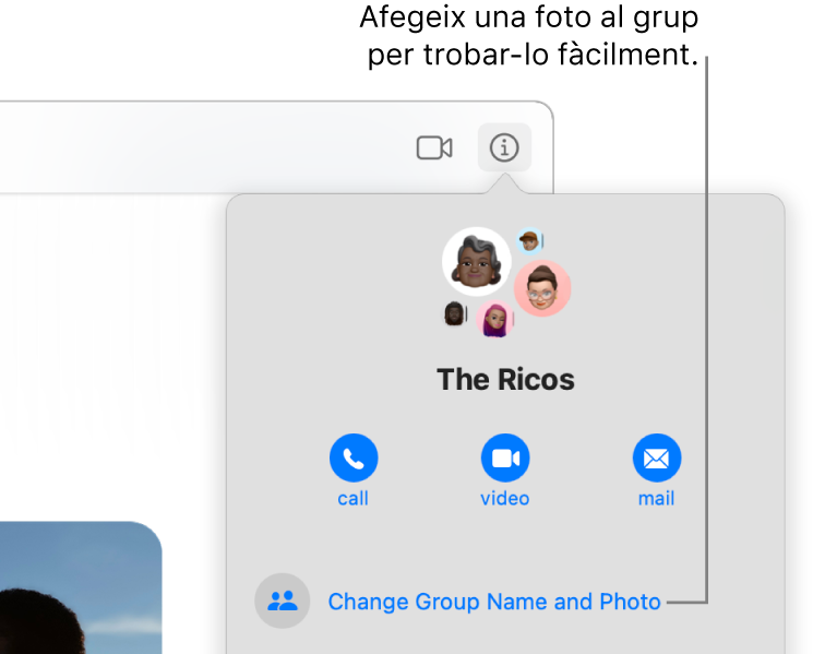 La vista d’informació en una conversa de grup, que apareix després de fer clic al botó d’informació en una conversa, mostrant icones de membres del grup i el nom del grup. A sota del nom del grup hi ha uns botons per fer una trucada grupal de vídeo o d’àudio del FaceTime o per enviar un missatge al grup. A sota hi ha el botó per canviar el nom i la foto del grup.