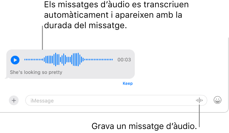 Conversa de l’app Missatges que mostra el botó “Grava àudio” al costat del camp de missatge a la part inferior de la finestra. Apareix a la conversa un missatge d’àudio amb la seva transcripció i la durada de la gravació.