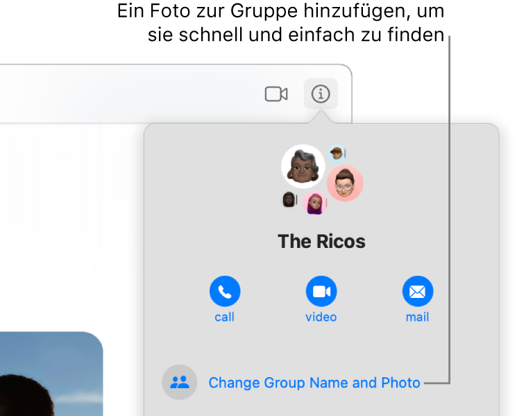 Die Darstellung „Info“ einer Gruppenkonversation, die erscheint, nachdem du in einer Konversation auf die Taste „Info“ geklickt hast, zeigt Symbole der Mitglieder der Gruppe und den Gruppennamen. Unter dem Gruppennamen sind Tasten, um einen Audio- oder FaceTime-Videoanruf zu tätigen oder eine E-Mail an die Gruppe zu schreiben. Darunter befindet sich die Taste zum Ändern des Gruppennamens und -fotos.